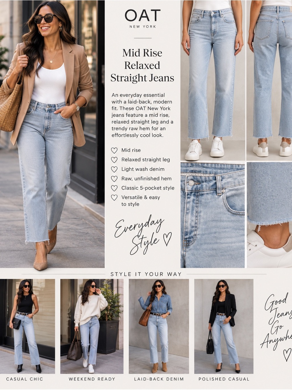 NWT OAT New York Mid Rise Relaxed Straight Jeans Light Wash Raw Hem 4/27